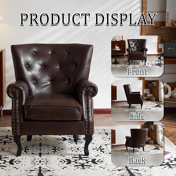 Modern Accent Chair, Mid-Century Faux Leather Armchair with Solid Wood Legs, Single Sofa Club Chair for Living Room, Bedroom, Leisure Room, Reading Room(Caramel)