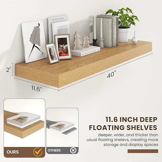 Deep Floating Shelves | 40 Inch Oak Floating Shelves Set of 2 | 12 Inch Deep Wood Wall Shelves | 40" W x 12" D Oak Shelves for Bathroom Living Room Kitchen Laundry Room
