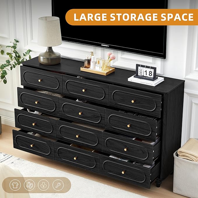 ORRD 12 Drawer Fluted Dresser for Bedroom, Mid Century Modern Chest of Drawers, Wood Storage Small Dresser Organizer for Bedroom Living Room Hallway Closet, Black