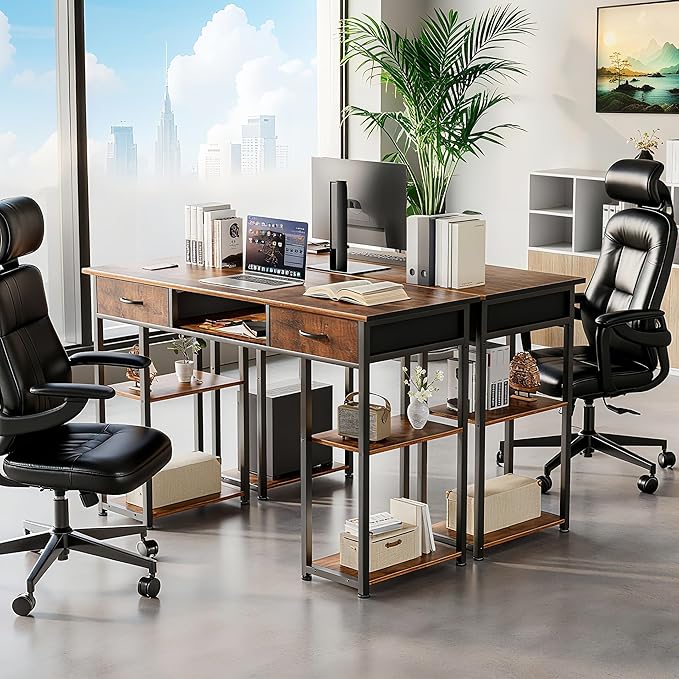 DUMOS 48" Small Computer Home Office Desk for Bedroom with Drawers, Gaming Writing Study Table with Storage Shelf, Adjustable Feet, Metal Frame Natural Brown