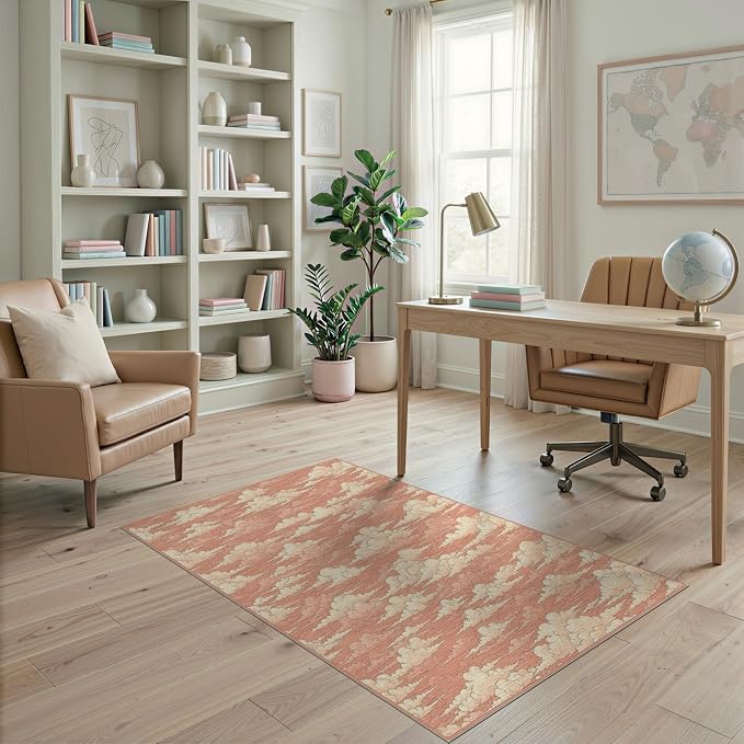 4'x6' Washable Flatwoven Rug, Peach Graphic Abstract Easy Care Throw Carpet Stain Resistant Low Profile Floor Covering for Dorm Room, Small Living Room, Apartment | Ref:2208262