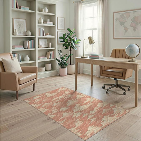 4'x6' Washable Flatwoven Rug, Peach Graphic Abstract Easy Care Throw Carpet Stain Resistant Low Profile Floor Covering for Dorm Room, Small Living Room, Apartment | Ref:2208262