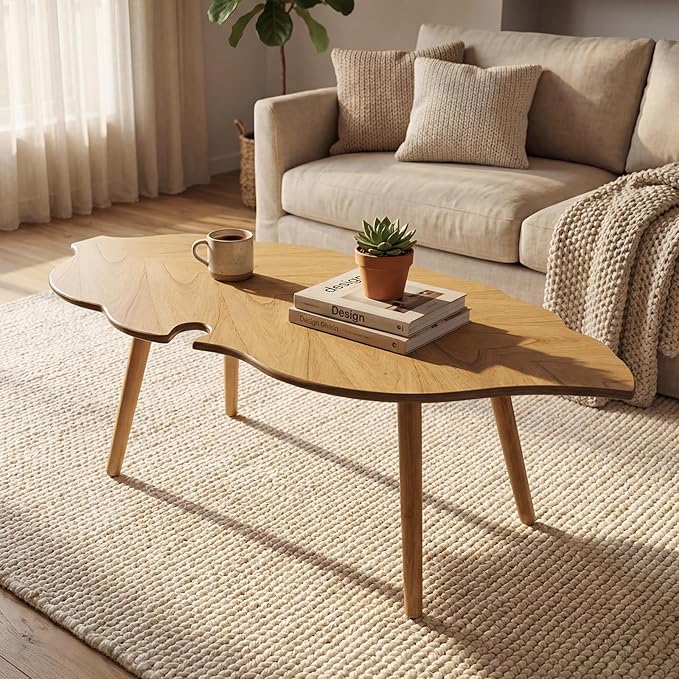 DUOMAY Mid-Century Modern Small Coffee Table, Solid Leaf-Shaped Wood Coffee Table for Living Room, Easy Assembly Center Table End Table with Wood Leg, Side Table for Bedroom Small Space, Natural
