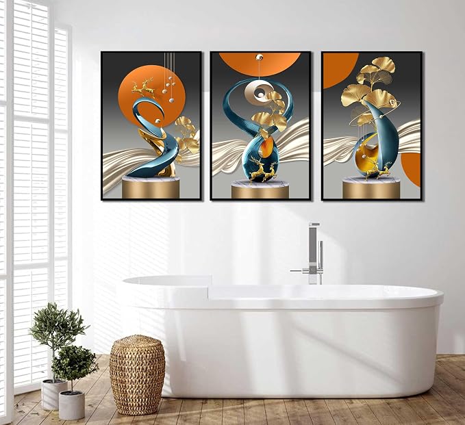 3 Pcs Bright Style Canvas wall Art Golden Deer Luxury Foil Lines Paintings Pictures Modern Abstract White Blue orange color Grey Posters Prints for Living Room Bedroom Office Home Wall Decor Unframed