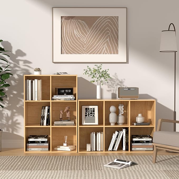 6 Cube Storage Organizer with Legs, 3 Tier Cube Low Bookcase Freestanding Storage Display Organizer for Home Office, Six-Cubes Open Shelf Bookshelf (Natural Oak, 6 Cube Vertical)
