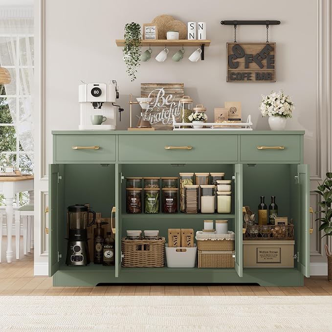 HOSTACK Buffet Sideboard Cabinet with Drawers, 55" Large Buffet Storage Cabinet with Shelves and Doors, Modern Farmhouse Coffee Bar Station for Kitchen, Dining Room, Green