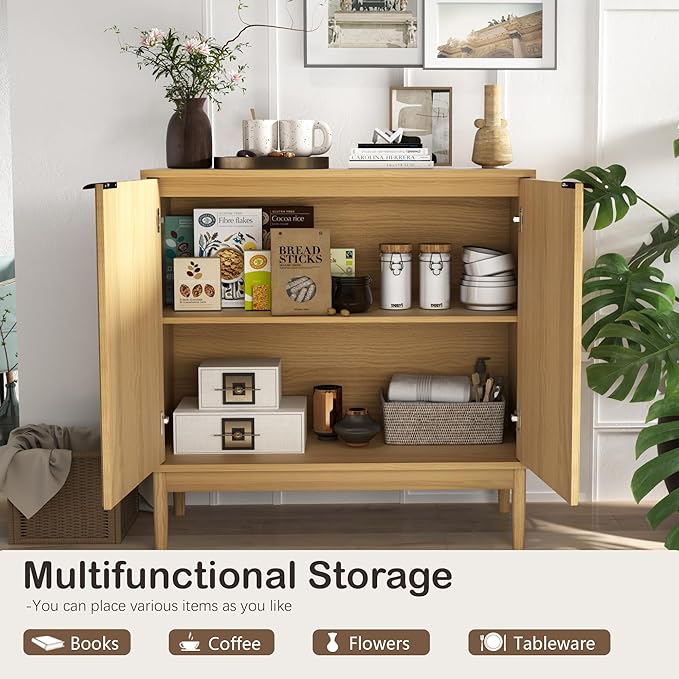 Fluted Cabinet with Storage, Buffet Cabinet Sideboard with Door, Kitchen Buffet Storage Accent Cabinets with Adjustable Shelves for Living Room, Entry, Hallway, Natural