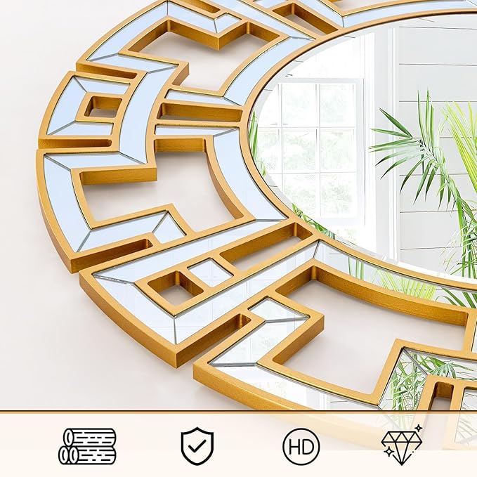 Chende Large Gold Mirrors for Decor, 44'' Round Wall Mirrors for Dining Room Entryway, Elegant Decorative Mirror with Wooden Frame for Living Room, Bedroom, Fireplace