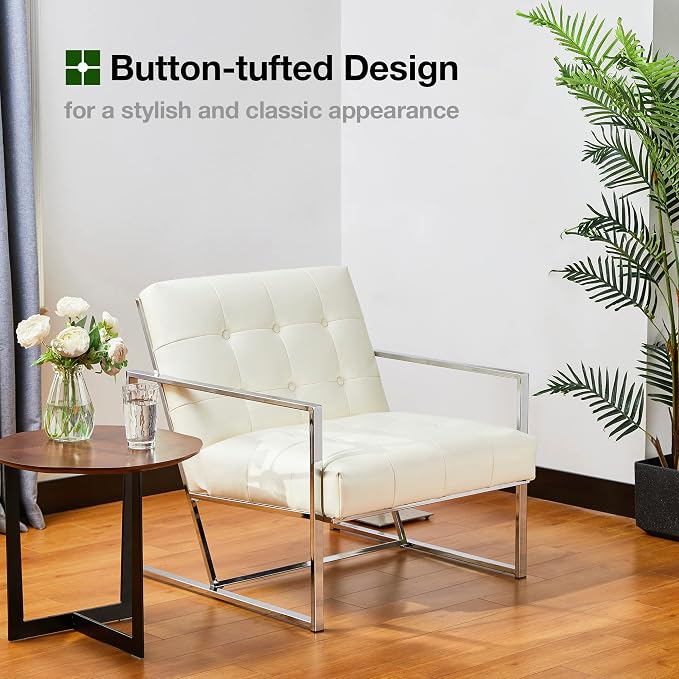 Glitzhome Mid Century Modern Accent Chairs Set of 2, Modern Living Room Chairs with Durable Metal Frame,PU Leather Cushioned, Reading Armchairs for Living Room, Bedroom, Home Office, Off White