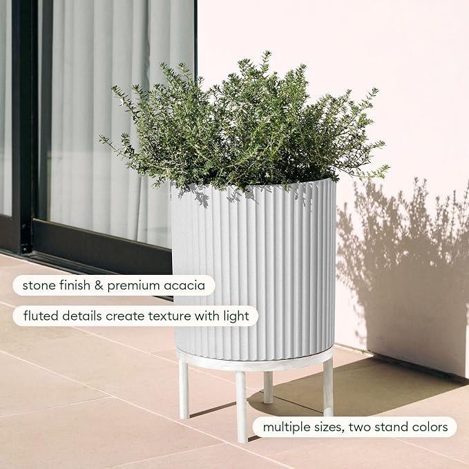 Veradek Demi Series Round Planter w/Stand for Porch/Patio | Durable Plastic-Stone Composite & Wooden Stand | Modern Décor for Tall Plants, Flowers