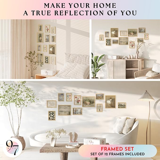 97 Decor Vintage FRAMED Wall Art - Framed Vintage Wall Art Prints, Vintage Posters For Room Aesthetic, Lanscape Prints For Walls Decor, Moody Gallery Walls Pictures Botanical Paintings For Home Bedroom (BEIGE FRAME)