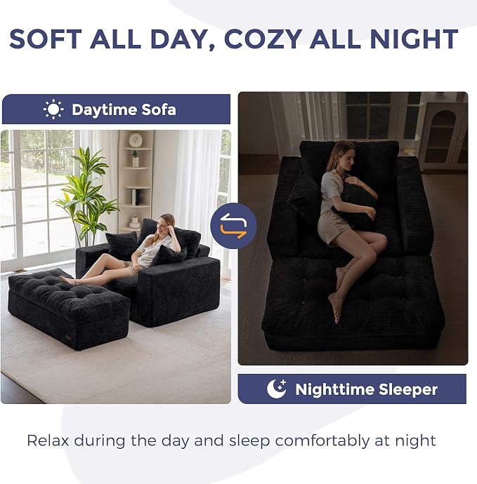 MAXYOYO Oversized Chaise Lounge Sofa, Upholstered Lounge Chair with 3 Pillows, Tufted Boneless Sofa Couch with Ottoman, Deep Seat Chair for Living Room, No Assembly, Black