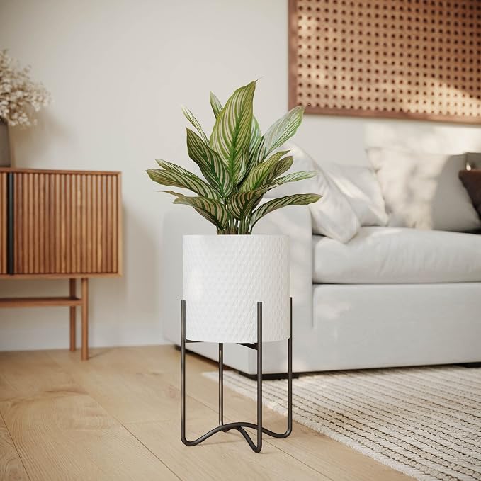 EverNest Claire Mid-Century Modern White Plant Pot with Ambrose Stand, SelectBase, Indoor Plant Pot, Bohemian Style, Minimalist Plant Home Décor (Set of 3, Black)