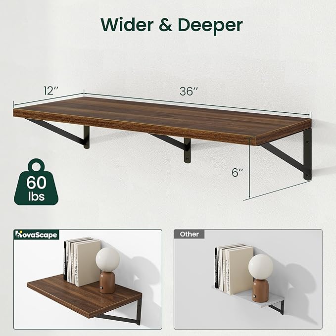 Floating Shelves, 12 Inch Deep Rustic Wood Wall Storage, 36W x 12D Wall Shelves Set of 2, Heavy Duty Metal Brackets, Large Industrial Book Shelf for Living Room, Kitchen, Bedroom, Walnut