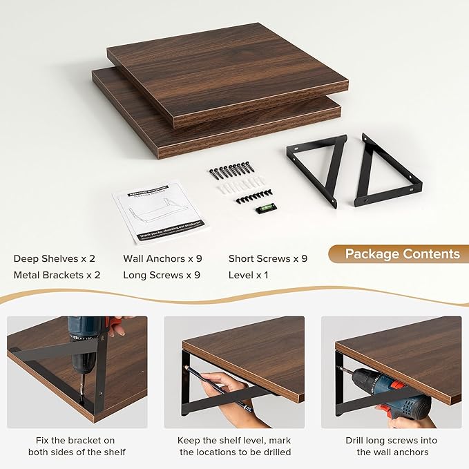 Deep Floating Shelves Wall Mounted, 12"x12" Walnut Wall Shelves with Brackets Set of 2 for Bedroom, Living Room, Bathroom, Kitchen, Office - Storage & Display Shelf for Decor, Books, Plants