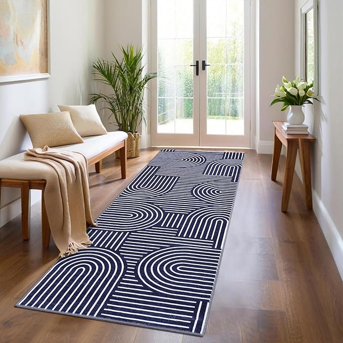 Modern Rug 2.5x10 Runners for Hallways, Abstract Kitchen Runner Rugs Non Slip Bath Mat, Rainbow Washable Runner Rug for Bedroom, Soft Long Rugs for Entryway Bathroom Laundry Dorm, Blue