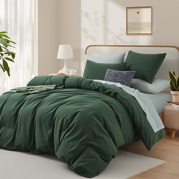 LOVQUE Forest Green Duvet Cover Full Size, 100% Washed Cotton Linen Like Bedding Set with Zipper Closure (No Comforter), 80x90 Inches