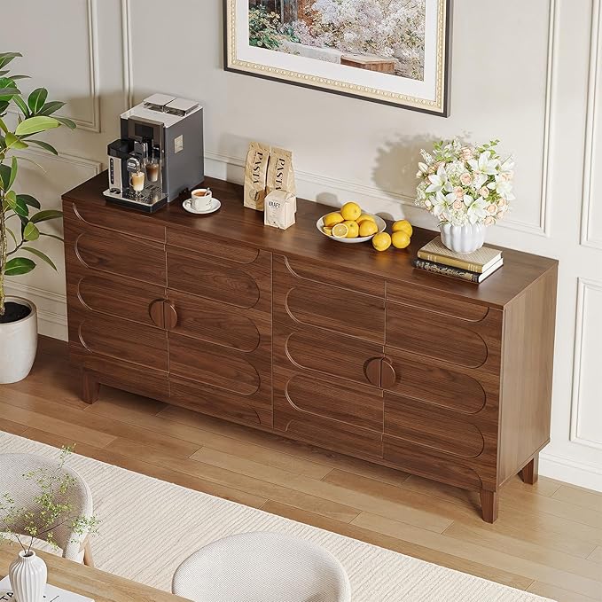 ONBRILL 63" Sideboard Buffet Cabinet with Storage, Large Buffet Cabinet with 4 Circular Panel Design Doors and Adjustable Shelves, Modern Sideboard for Living Room, Kitchen (Walnut)