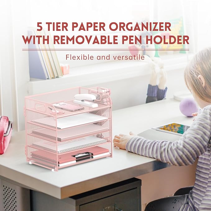 SUPEASY 5 Tier Desk Organizer with Handle & Removable Pen Holders, Mesh Paper/File Organizer for Desk, Paper Letter Tray Organizer for Office Supplies (Pink)