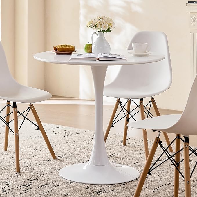 31.5" Round Dining Table for 2-4 Modern Circle Tulip Table with Metal Tulip Pedestal Base for Kitchen Dining Living Room Apartment Small Space Cafe, White