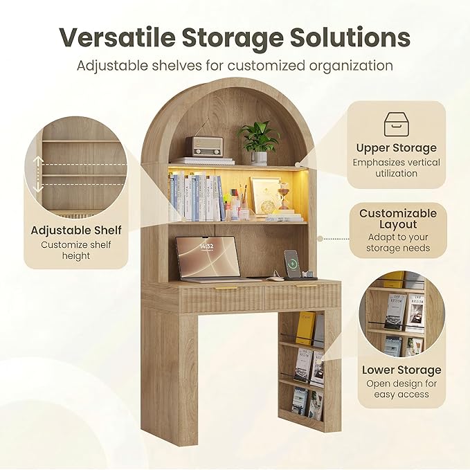 Arched Writing Desk with Hutch, Home Office Desk with 2 Fluted Drawers, Secretary Desk with Outlets, LED Lights, Bookshelves, Wood Computer Desk for Small Space, Bedroom 35.4"W x 70.8"H (Oak)