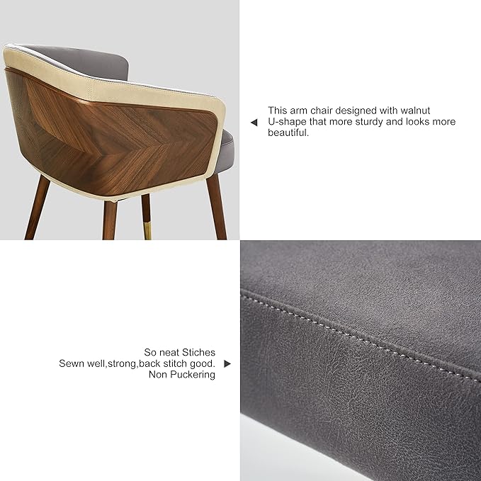 ARTPLAN Modern Upholsted Accent Dining Chairs Set of 2,Mid-Century Faux Leather with Walnut for Kitchen,Office Waiting Room Arm Sitting Chair, Beech Legs Dissassembly Adjustable Feet,Grey