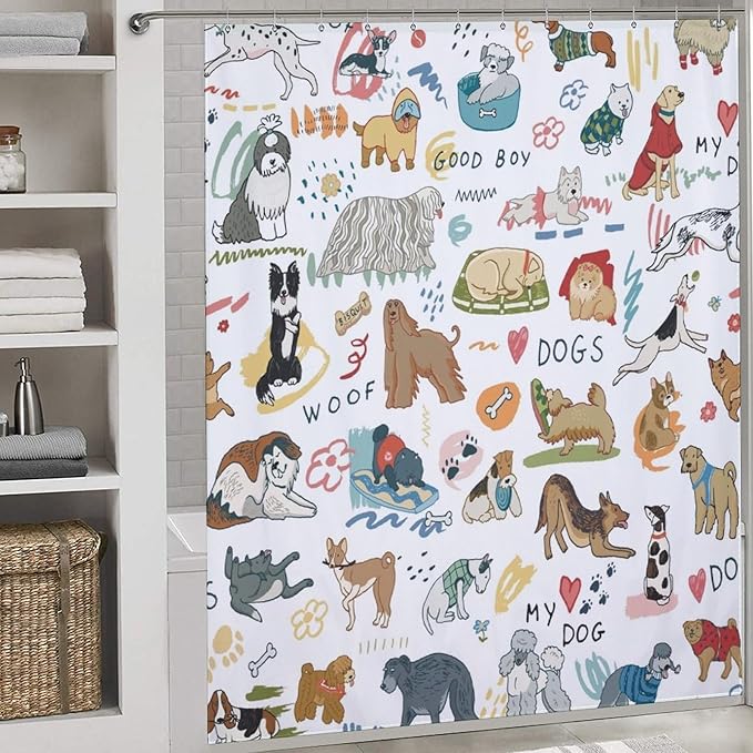 Dog Print Shower Curtain Different Types Cartoon Puppy Dog Pattern Duty Fabric Shower Curtains Set Bathroom Polyester Waterproof with 12 Hooks,72x72Inch（183x183cm）