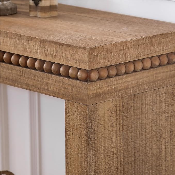 Wood Console Table, 64" Retro Long Sofa Table Behind Couch with Real Wood Beads Decor, Wooden Narrow Sofa Table Hall Table for Living Room Foyer Entrance Entryway, Natural