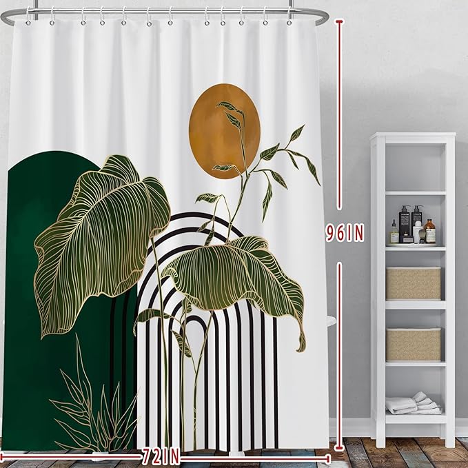 Baocicco Boho Shower Curtain Green Gold Leaves Plants Sun Modern Abstract Geometric Shower Curtains Decorative for Bathroom Waterproof Fabric Shower Curtain with Hooks 72x96 Inches