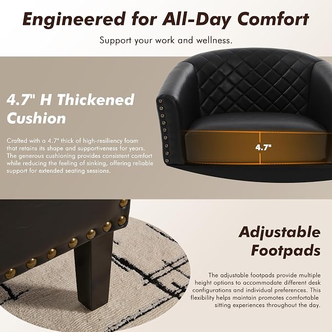 QQU Barrel Accent Chair, Retro PU Leather Club Chair with Nail-Heads, Upholstered Armchair for Living Room, Bedroom, Waiting, Office (Black)