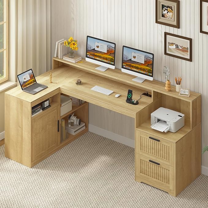 TVU Farmhouse L Shaped Desk with Drawers, 62.2" Home Office Desk with Storage Shelves and Power Outlet, L Shaped Computer Desk with Monitor Stand and Printer Shelf, Oak