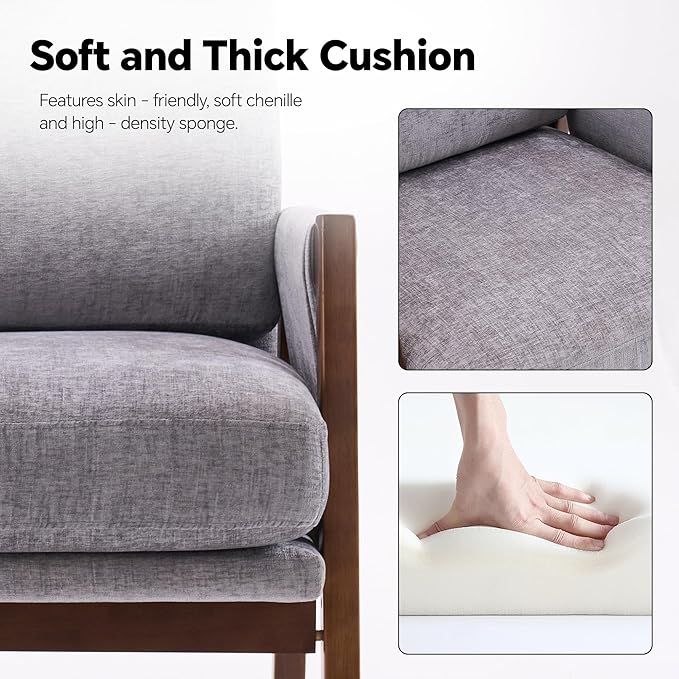 Mid Century Modern Accent Chairs Set of 2 with Solid Wood Frame, Upholstered Living Room Chairs with Wide Armrest, Chenille Fabric Lounge Reading Arm Chair for Bedroom, Reading Room, Gray