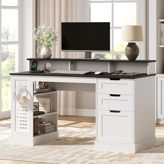 55-Inch Farmhouse Executive Desk with 2 Drawers and File Cabinet, Computer Desk with 3-Tier Storage Shelves, Home Office Desk with Charging Station, Pegboard and Monitor Shelf, White and Black