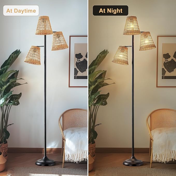 Maxax 72" Boho Rattan Floor Lamp for Living Room, 3-Lights Tree Floor Lamps, Tree Farmhouse Industrial Black Standing Lamp with Woven Shade for Bedroom, House