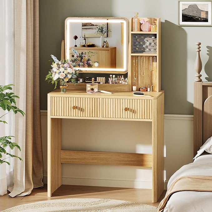 Fluted Vanity Desk with Mirror and Lights, Small Makeup Vanity with 2 Drawers and Jewelry Storage Cabinet, 3 Lighting Modes Adjustable Brightness, Dressing Table for Bedroom - Natural Oak