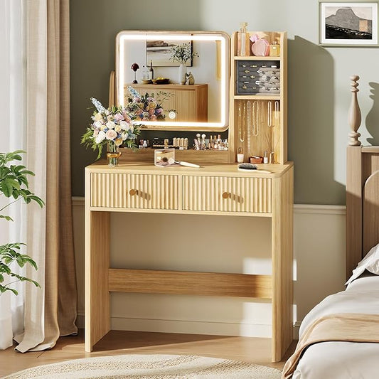 Fluted Vanity Desk with Mirror and Lights, Small Makeup Vanity with 2 Drawers and Jewelry Storage Cabinet, 3 Lighting Modes Adjustable Brightness, Dressing Table for Bedroom - Natural Oak