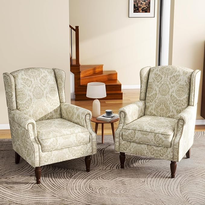 High Back Accent Chair, Fabric Upholstered Armchair for Living Room, Floral Wingback Chair with Retro Solid Wood Legs, Nailhead Trim Single Sofa Bedroom Reading Seat - White