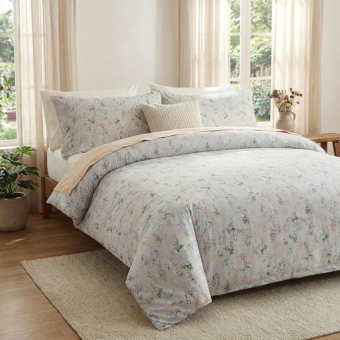 Green Floral Duvet Cover King Size 100% Cotton Botanical Coquette Bedding Sets with Zipper Closure 3 Pieces Soft & Breathable Reversible Comforter Cover