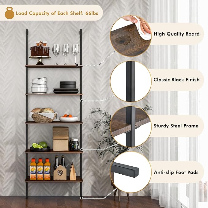 Giantex 5 Tier Wall Mounted Bookshelf Set of 2, 71'' Modern Wood Bookcase with Steel Frame, Stand Display Storage Rack Organizer Ladder Shelf for Living Room, Kitchen, Rustic Brown