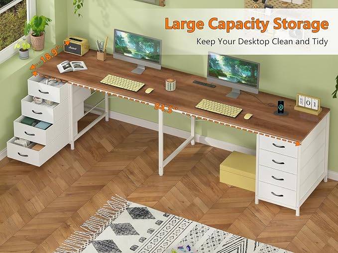 YOMILUVE 95'' Two Person Desk with 8 Drawers, Long Office Desk with Charging Station, 2 Person Desks Double Desk Writing Study Table for Home Office, Brown and White