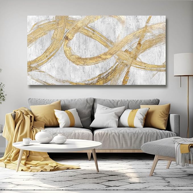 VAYIMDH Decorative Wall Art Line Painting Prints on Canvas White Living Room Wall Decor 24"x 48" Abstract Artwork Gold Picture Wall Decor for Bedroom