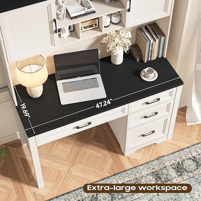 Vabches Farmhouse Executive Desk with 4 Drawers and Storage Cabinet, Rustic Large Home Writing Desk with Hutch, Workstation for Bedroom, Black.