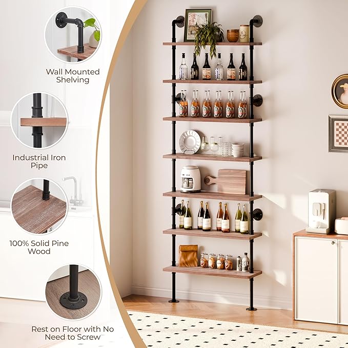 7 Tier Industrial Wall Mounted Ladder Shelf Bookcase, Rustic Wood Metal Pipe Industrial Shelves for Living Room Decor and Storage (Weathered Brown, 7 Tier - 10" D x 36" W x 95.5" H)