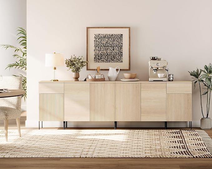 WAMPAT 94.5" Buffet Sideboard Cabinet with 2 Drawers & 6 Doors,4-in-1 Fluted Storage Credenza with Charging Station,Modern Buffet Table Coffee Bar Wine Bar Cabinet for Dining Room, Living Room,Beige