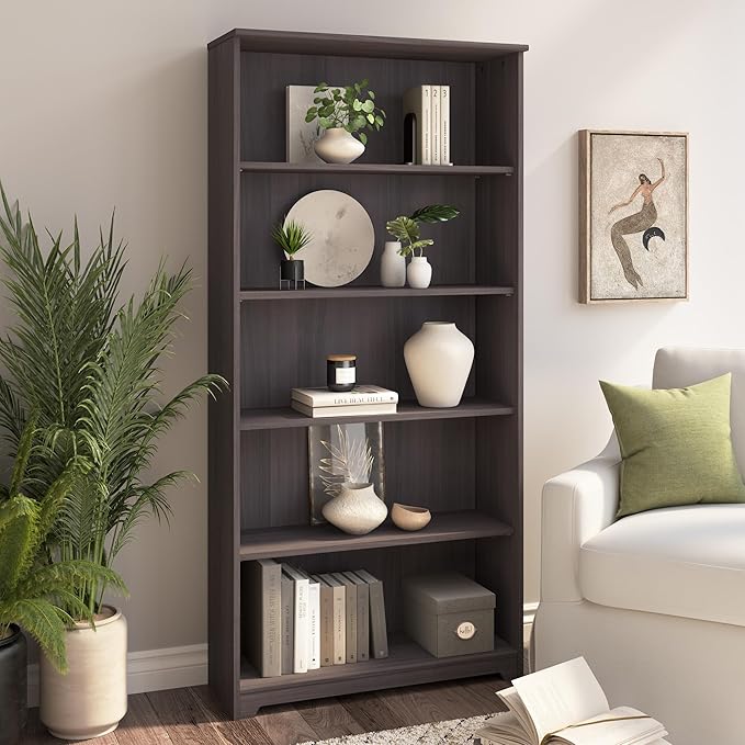 Bush Home Tall 5 Shelf Bookcase, Large Open Bookshelf, Sturdy Display Cabinet for Living Room or Home Office, Cabot Collection, Heather Gray