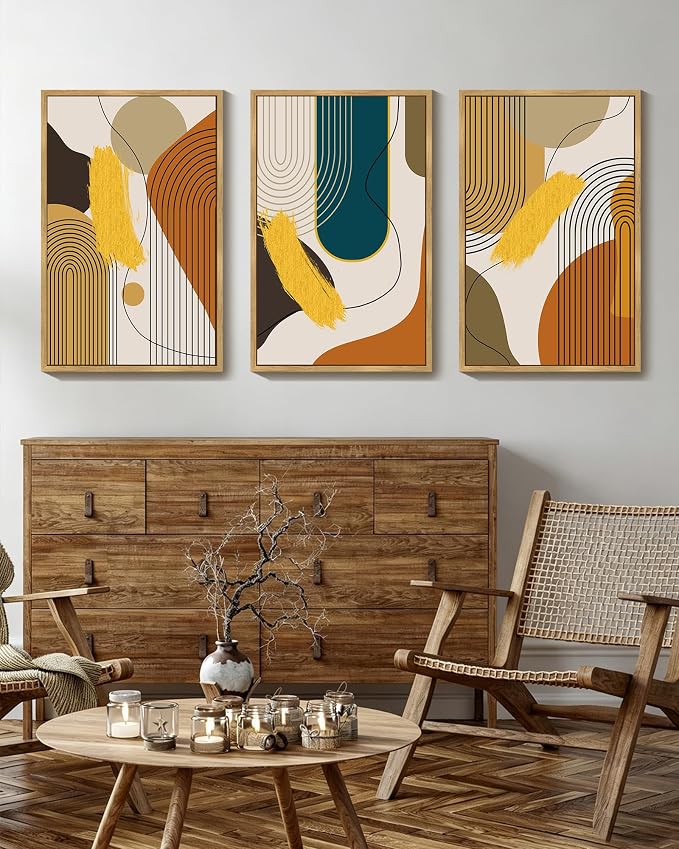 PHOPAGO 24x36in Large Boho Abstract Framed Wall Art Modern Minimalist Luxury Gold Line Artwork Kitchen Dining Room Decor Natural Framed