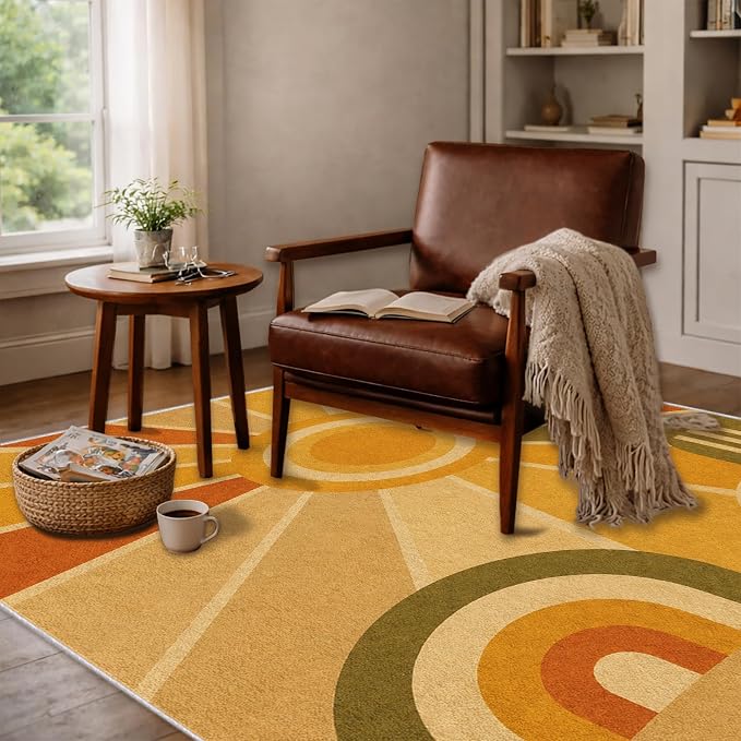 Golden Sunburst Area Rug 5x7, Mid Century Modern Retro Geometric Rug, 70s Style Abstract Washable Low Pile Non Slip Rug for Living Room Bedroom