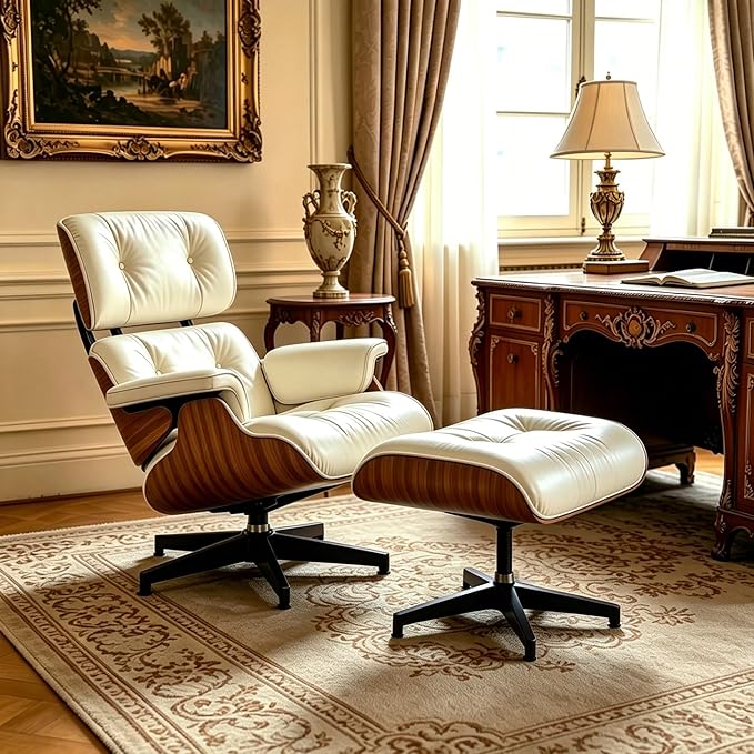 Mid Century Chaise Lounge Chair with Ottoman, Modern Retro Classic Design, PU Leather & Walnut Wood, Heavy Duty Metal Support, Comfortable for Living Room Bedroom Office（White-Premium）