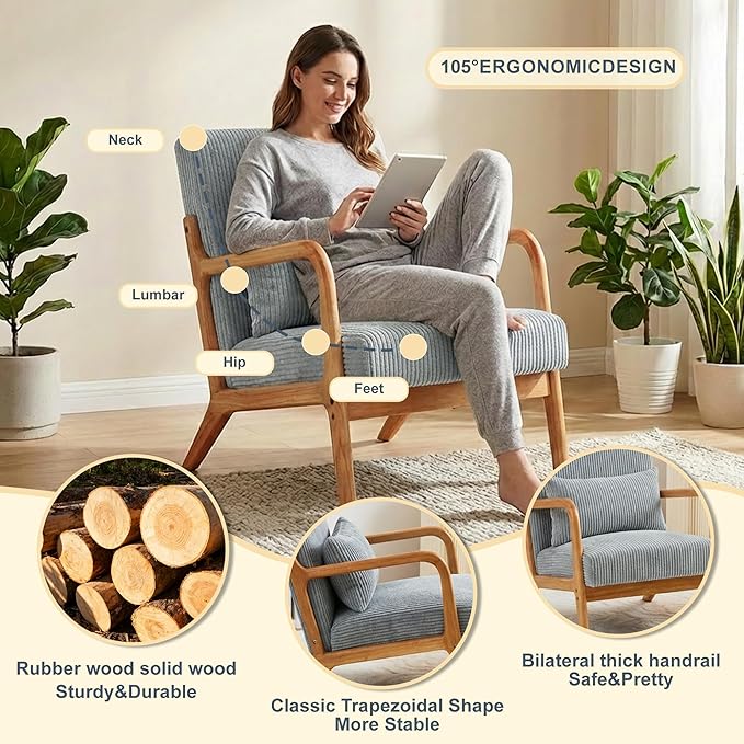 Accent Chairs, Mid-Century Modern Chair with Pillow, Armchair with Solid Wood, Reading Relaxing Leisure Chair for Living Room (Light Grey)