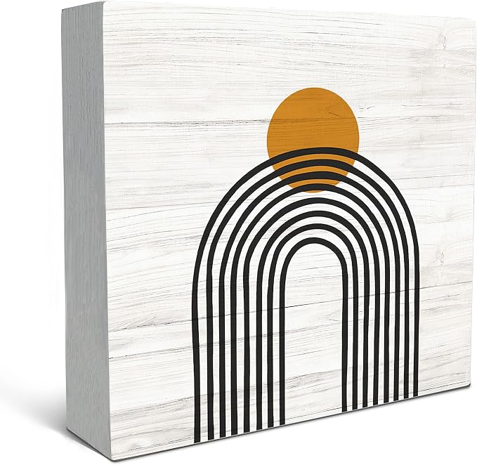 SRADMO Boho Sun Rainbow Abstract Geometric Balance Arch Shapes Wood Box Sign Desk Decor, Boho Mid Century Modern Art Wooden Block Box Sign Decoration For Home Office Shelf Table Decor